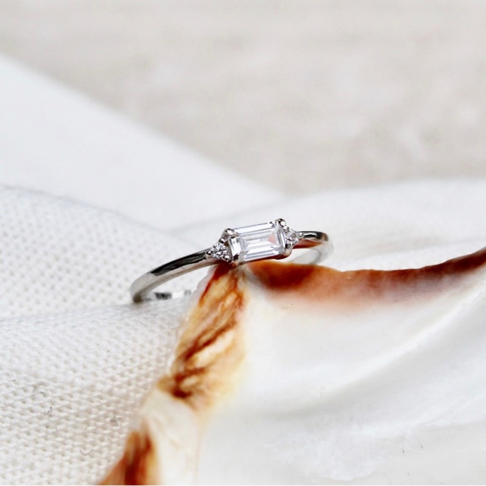 Emerald Cut High Quality White Diamond Stackable Sterling Silver Ring